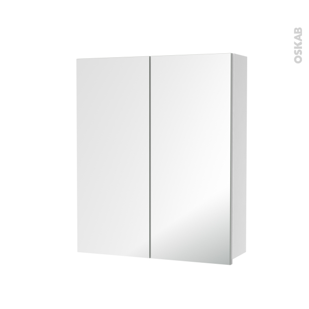 Armoire de toilette Rangement haut <br />2 portes miroir, Côtés blancs, L60 x H70 x P17 cm, HAKEO 