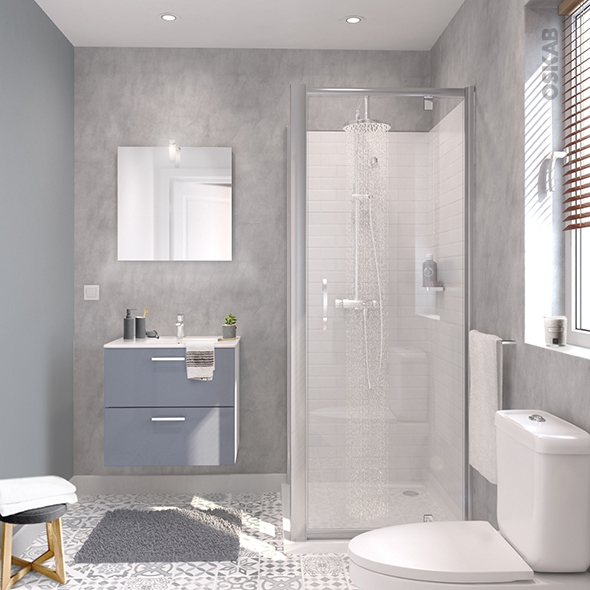 Ensemble salle de bains - Meuble MILO Gris - Plan vasque céramique - Miroir - éclairage - Robinet Chromé - L61,5 x P46 x H56,5 cm