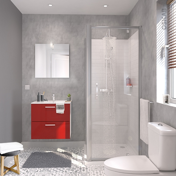 Ensemble salle de bains - Meuble MILO Rouge - Plan vasque céramique - Miroir - éclairage - Robinet Chromé - L61,5 x P46 x H56,5 cm