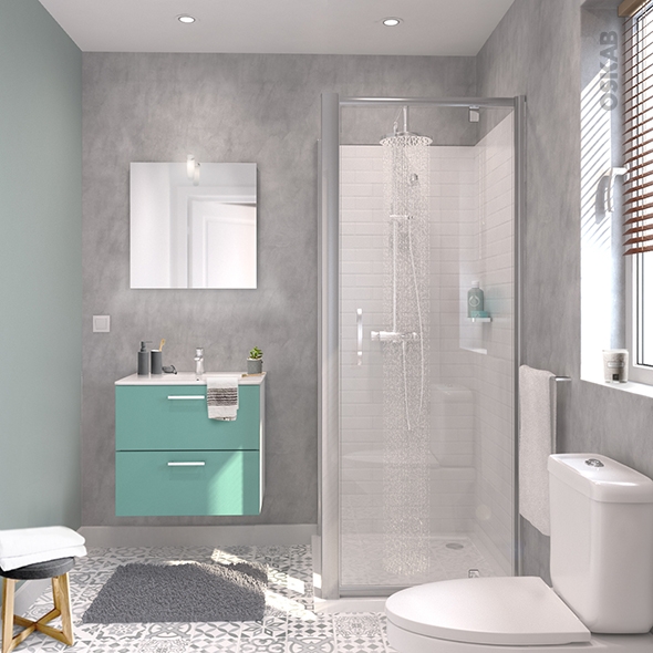 Ensemble salle de bains - Meuble MILO Vert d'eau - Plan vasque céramique - Miroir - éclairage - Robinet Chromé - L61,5 x P46 x H56,5 cm