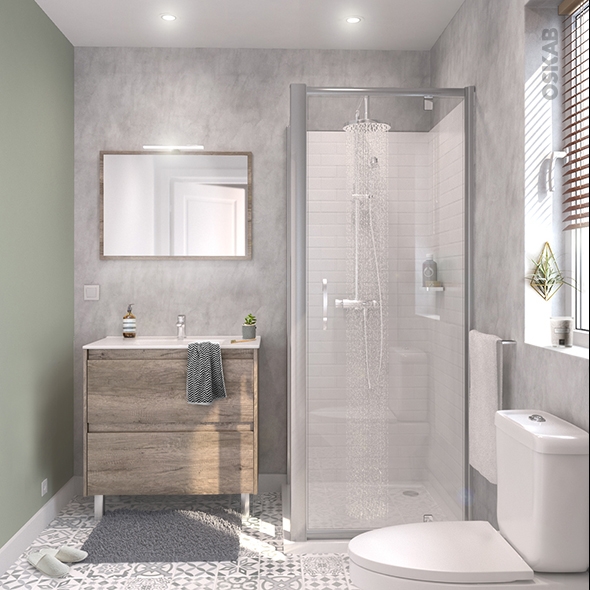 Ensemble salle de bains - Meuble TINA Bois - Plan vasque céramique - Miroir - éclairage - Robinet Chromé L81 x P46,5 x H82 cm 