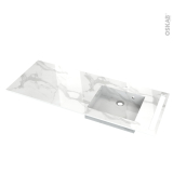 Plan vasque asymétrique droit -  COMPACT - Décor Marbre blanc N° 308CT - Pour salle de bains - L126,5 x P50,5 x Ep1,2 cm - Avec porte serviette à droite