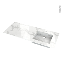 Plan vasque asymétrique droit -  COMPACT - Décor Marbre blanc N° 308CT - Pour salle de bains - L120,5 x P50,5 x Ep1,2 cm