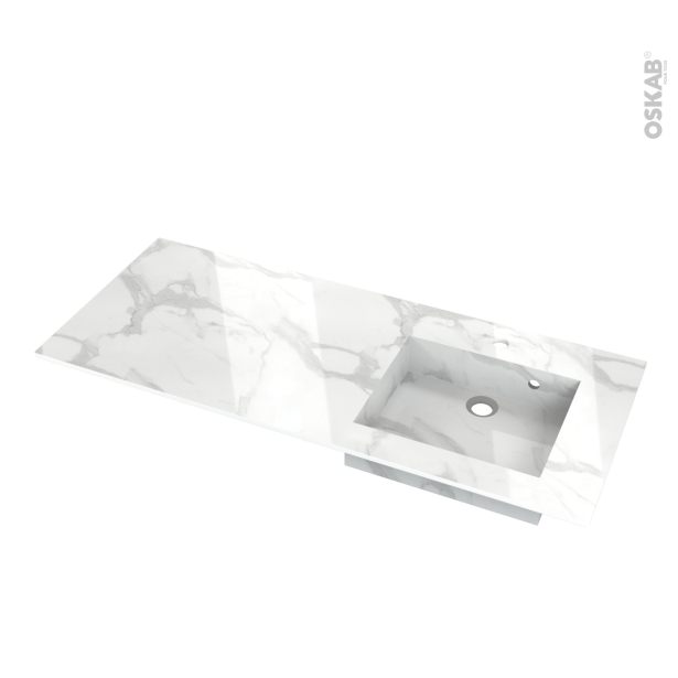 Plan vasque asymétrique droit  COMPACT <br />Décor Marbre blanc N° 308CT, Pour salle de bains, L120,5 x P50,5 x Ep1,2 cm 