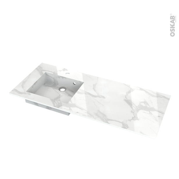 Plan vasque asymétrique gauche COMPACT <br />Décor Marbre blanc N° 308CT, Pour salle de bains, L120,5 x P50,5 x Ep1,2 cm 