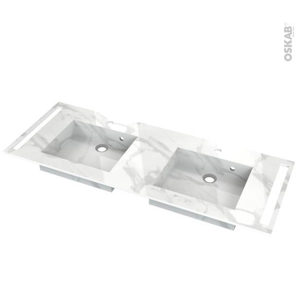 Plan double vasque COMPACT <br />Décor Marbre blanc N° 308CT, Pour salle de bains, L132,5 x P50,5 x Ep1,2 cm, Avec double porte serviette 