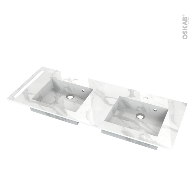 Plan double vasque COMPACT <br />Décor Marbre blanc N° 308CT, Pour salle de bains, L126,5 x P50,5 x Ep1,2 cm, Avec porte serviette à gauche 