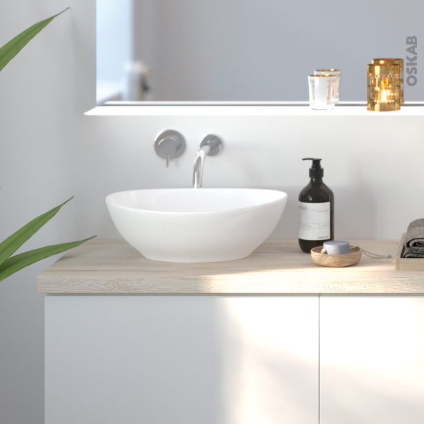 Vasque salle de bains OVALIS <br />A poser, Céramique blanche brillante, Ovale 